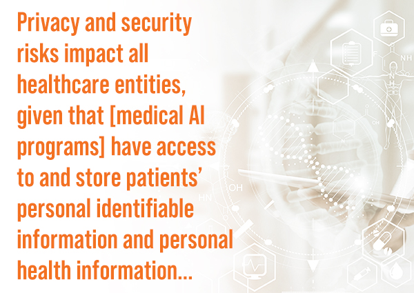 Privacy and security risks impact all healthcare entities, given that (medical AI programs) have access to and store patients' personal identifiable information and personal health information...